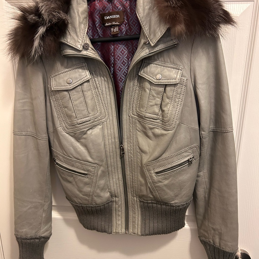 Danier Gray Leather Jacket with Fur Collar
